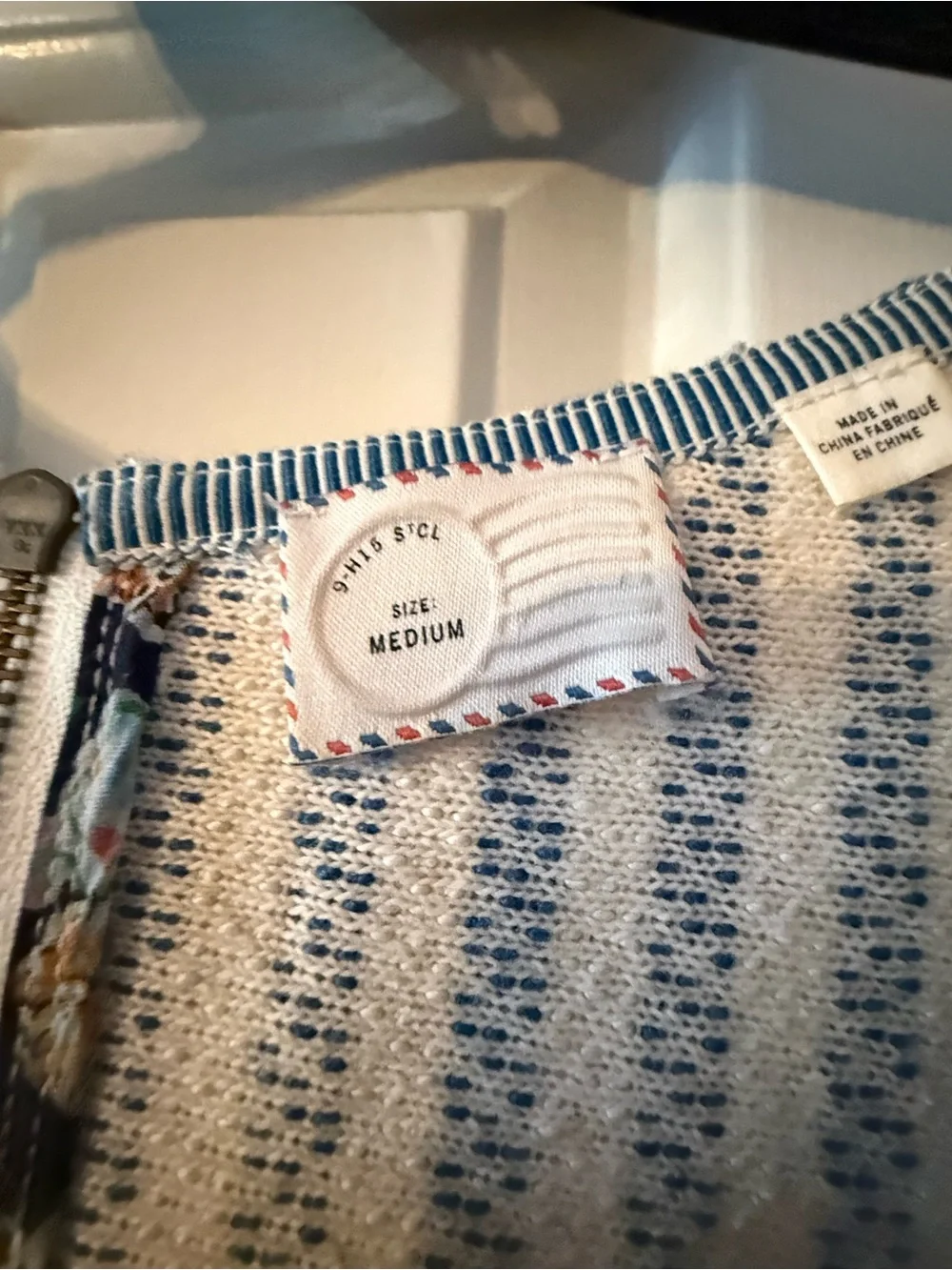 Blue and White Striped Knit Dress-with Tan Faux Leather Pocket Accents